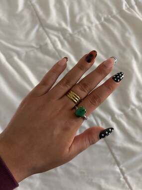 Oval Green Stone Statement Ring, Silver Tone Band, Size Adjustable - New